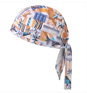 Detail of breathable quick-dry bandana with colorful geometric palm patterns and ties