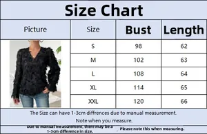 Size guide with bust and length details for elegant feather tassel long sleeve shirt