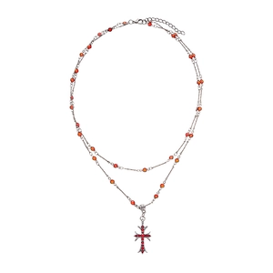 Double-layered gothic necklace with red beads and rhinestone cross pendant in silver finish