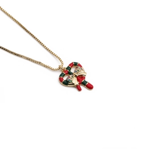 Christmas heart pendant necklace with red green enamel bow and crystals on gold chain