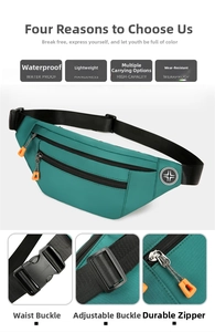 Detail view of turquoise oxford waist bag showing buckle, zippers and waterproof fabric
