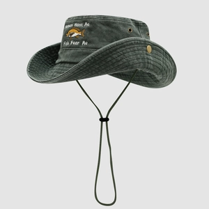 Detail of wide brim fishing hat with Women Want Me Fish Fear Me embroidery and cord