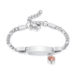 Engravable stainless steel bracelet with peach birthstone and Figaro chain on white background