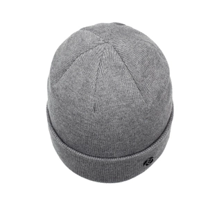 Winter gray ribbed knit beanie with thick fleece lining and black logo detail