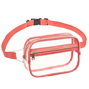 Transparent PVC waist bag with red straps and adjustable buckle for outdoor travel