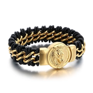 Men's retro wolf head bracelet with gold metal chain and black braided leather strap