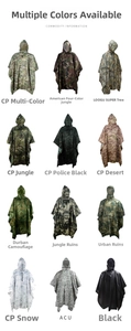 Grid view of 12 waterproof camouflage hooded ponchos for outdoor hiking and camping