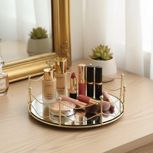 Decorative Mirror Tray Metal Iron Glass Desktop Organizer For Cosmetics Jewelry Luxury Retro Style Home Decor