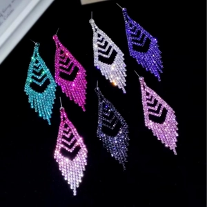 Elegant V-shaped long tassel rhinestone drop earrings in seven vibrant assorted colors