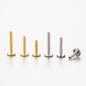 F136 titanium threaded ear studs in gold and silver finishes with various bar lengths