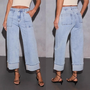 High Waisted Wide Leg Jeans Voor Dames Gewassen Denim Broek Met Grote Opgestikte Zakken Omslagzoom Casual