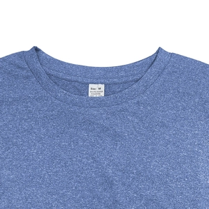 Detail view of heather blue crew neck collar with clear fabric texture and size label