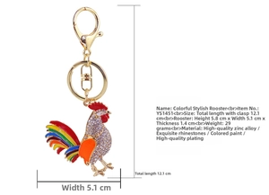 Detailed view showing dimensions of a colorful rooster keychain with rhinestones