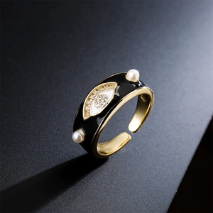 18K gold plated evil eye open ring with colorful zircon and pearl accents