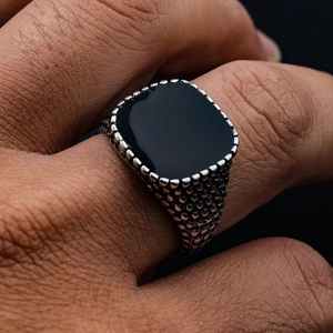 Men's punk stainless steel ring with black resin inlay and vintage textured silver finish