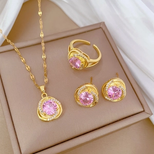 Titanium Steel Pink Zirconia Jewelry Set For Women Luxury Spiral Pendant Necklace Earrings Ring Banquet Party Jewelry