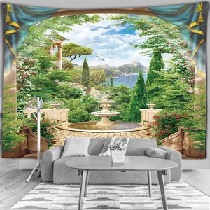 Detail of scenery tapestry with classic fountain view and elegant blue curtain frames