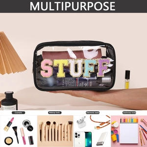 Detailed view of multipurpose clear PVC bag with glittery STUFF patch for cosmetics