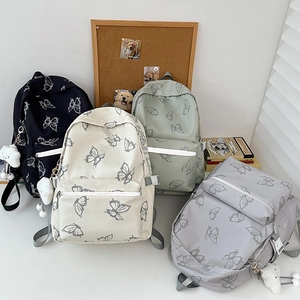 Butterfly Print Nylon Backpack Large Capacity School Bag For Students With Kawaii Cloud Plush Pendant Aesthetic Casual Daypack