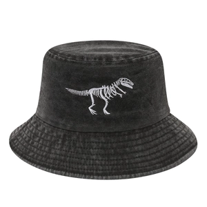 Washed black denim bucket hat featuring white dinosaur skeleton embroidery for men