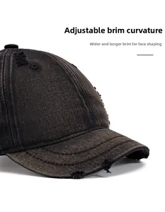 Macro detail of foldable wide brim on distressed washed canvas baseball cap