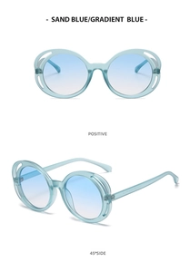 Detailed view of oval hollow sunglasses in sand blue gradient showing front and side angles