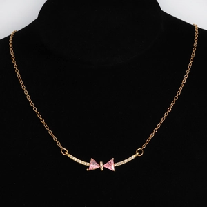 Bowknot Pendant Necklace In Stainless Steel With 18K Gold Plating Pink Zircon Elegant Sweet Jewelry For Women