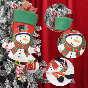 Large Christmas stocking featuring a snowman character and festive striped hanging leg details