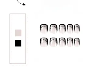 Detail view of short square black French tips on sheer pink almond press-on nails set