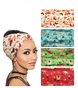 Detail view of four Christmas elastic headbands featuring reindeer and festive patterns