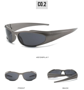 Three-view display of Y2K cycling sunglasses in silver finish with dark grey lenses