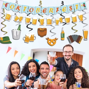 Oktoberfest party decoration set with blue checkered banner and festive hanging spirals