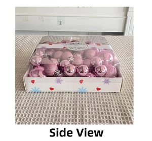 Rosa Weihnachtskugel-Set mit glänzenden, matten und glitzernden Texturen in einer Box