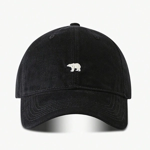 Classic black baseball cap featuring a white polar bear embroidery and adjustable strap