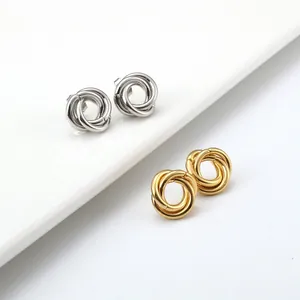 Modern twisted knots stud earrings in silver and gold polished finish for women