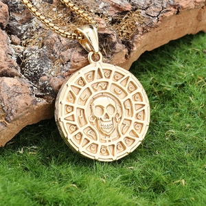 Retro stainless steel viking pirate skull gold coin pendant with chain on mossy bark
