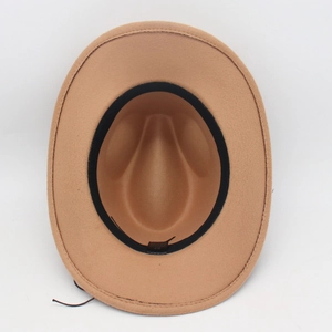 Detail view of khaki wool felt fedora interior with sweatband and size 57cm marking