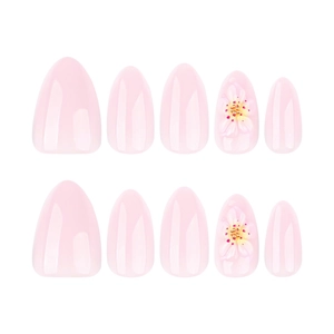 3D floral pink almond press-on nails set with glossy relief petals and gold beads