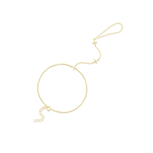 Macro shot of gold hand chain with delicate white zircon floral charms and spring clasp