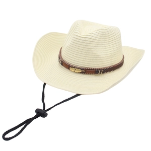 Detail of a cream-colored woven straw hat featuring a brown band with golden feather accents