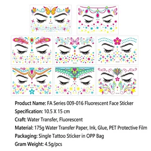 Neon glow temporary face tattoos for music festivals with butterfly and star patterns