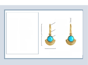 Detailed size and dimension view of turquoise fan earrings in 18K gold plated steel