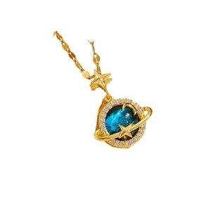 Elegant gold-plated star and blue galaxy planet necklace with sparkling cubic zirconia