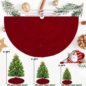 Size chart for red knitted Christmas tree skirts in 24, 36 and 48 inch diameter options