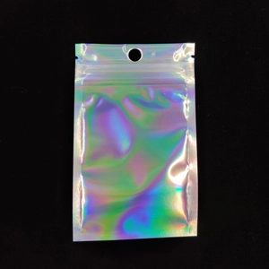 Holographic zip-lock packaging bag with a hang hole and colorful laser rainbow reflection