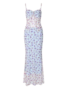 Slim fit blue floral print mesh double-layer camisole and midi skirt set for women