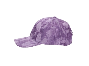 Detail of purple baseball cap showing unique cloud-patterned crinkle fabric texture