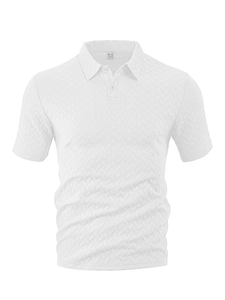 Detailed view of white men's short sleeve Polo shirt featuring premium jacquard texture