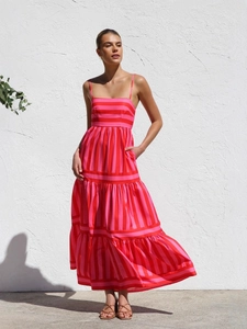 Red and pink striped tiered maxi dress with thin straps and side pockets for women
