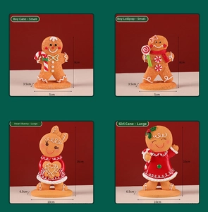 Detail view of four Christmas gingerbread resin figurines with specific size measurements